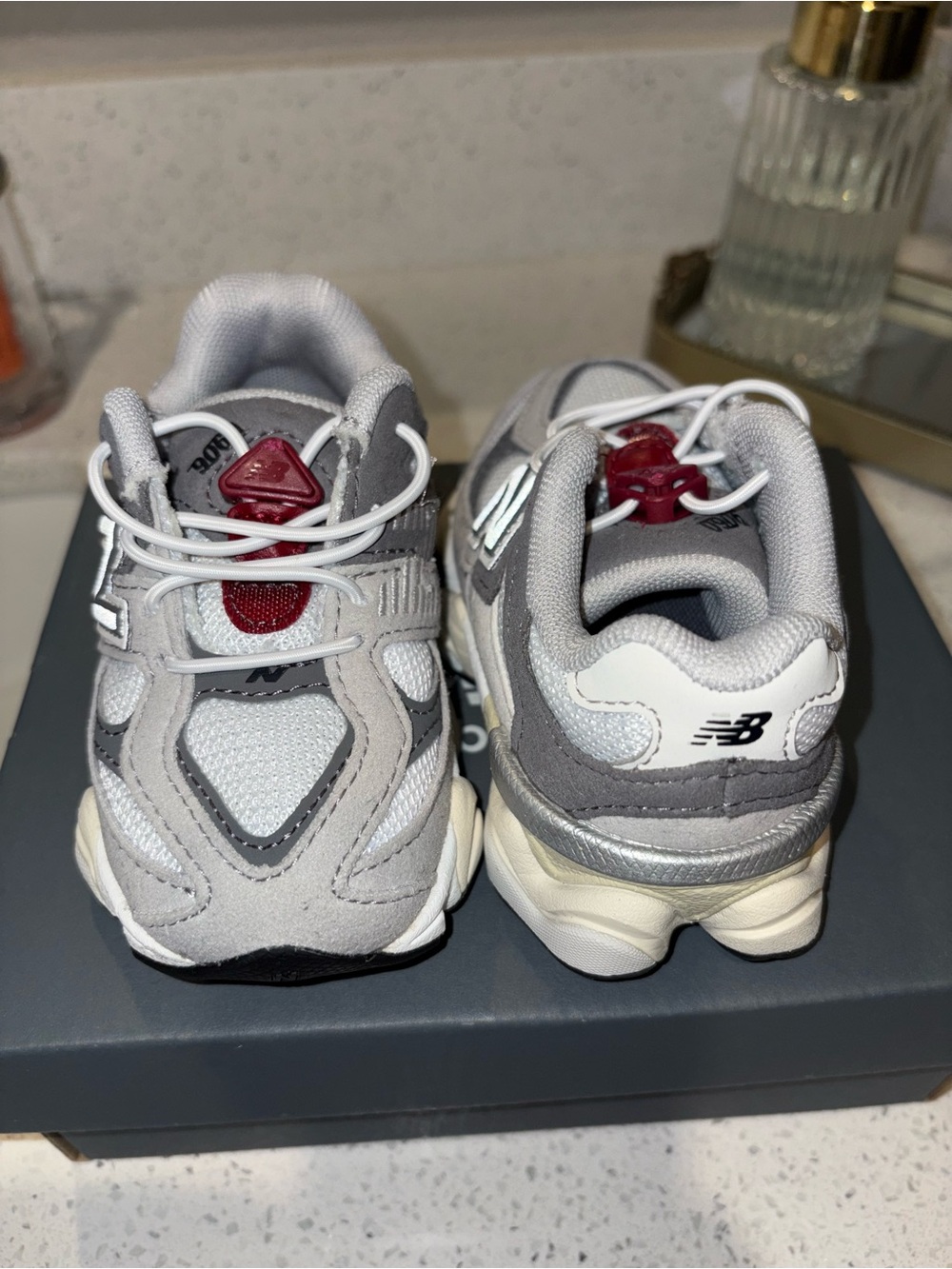 New Balance Kids Gray, White & Red Lace-Trim Sneakers